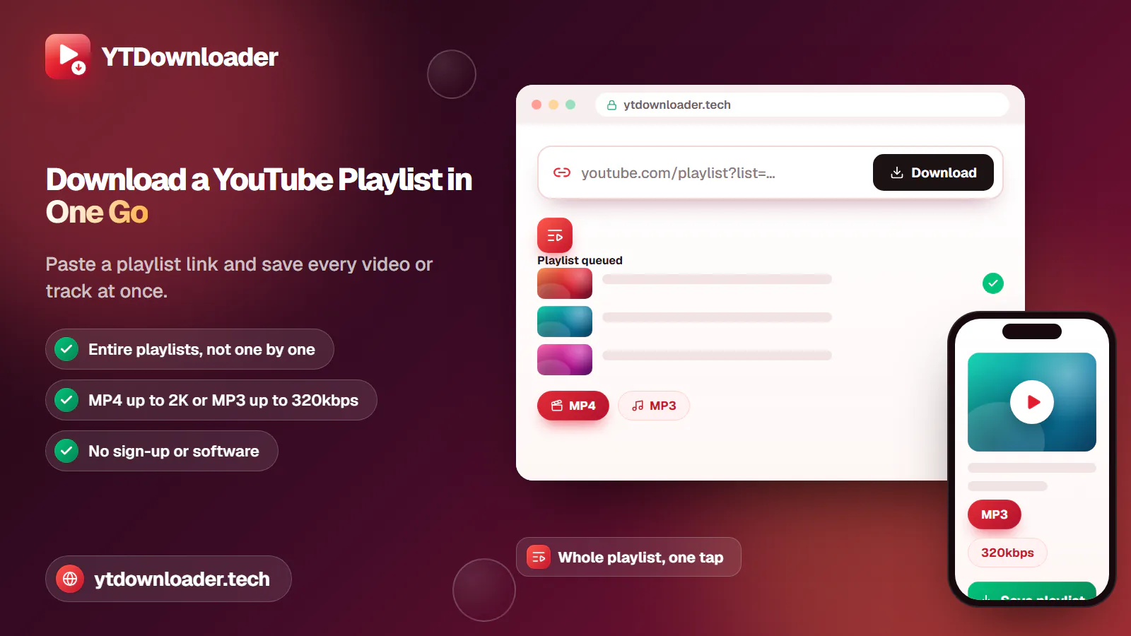 A browser window with a YouTube playlist queued in a downloader box, illustrating the YTDownloader playlist guide