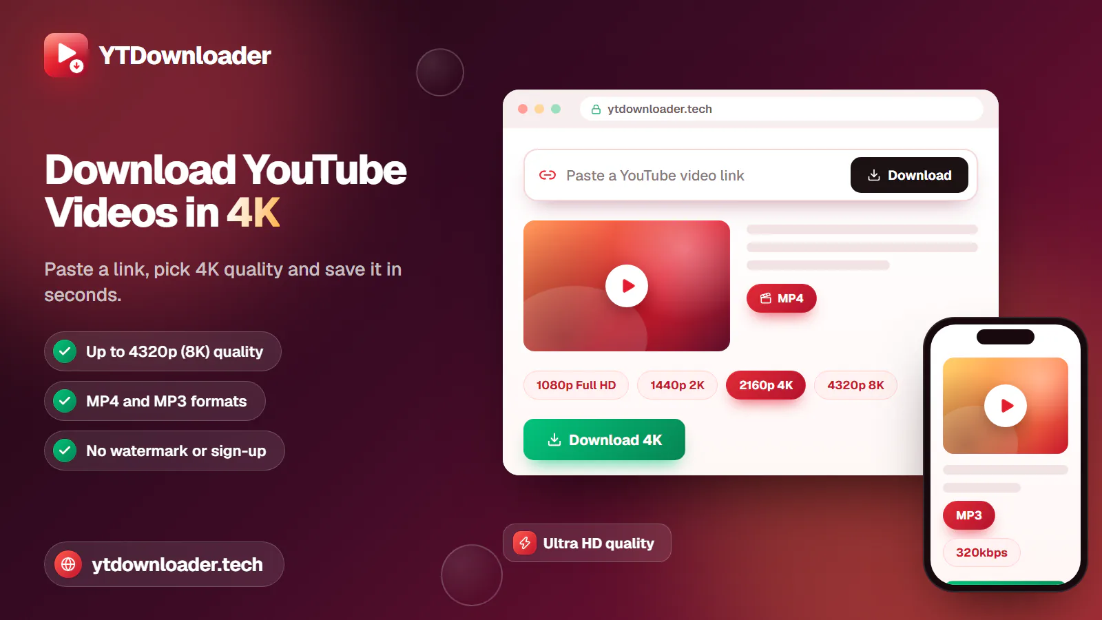 A quality selector showing resolutions up to 4K next to a YouTube video thumbnail, illustrating the YTDownloader 4K download guide