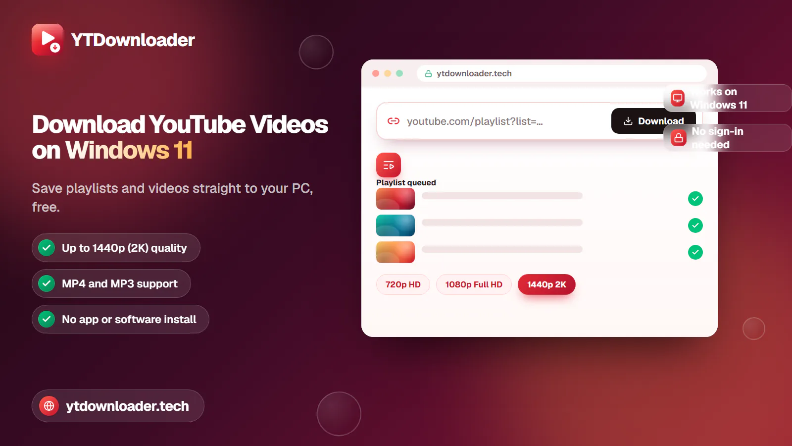 A browser window on Windows 11 with a YouTube link pasted into a downloader box, illustrating the YTDownloader Windows 11 guide
