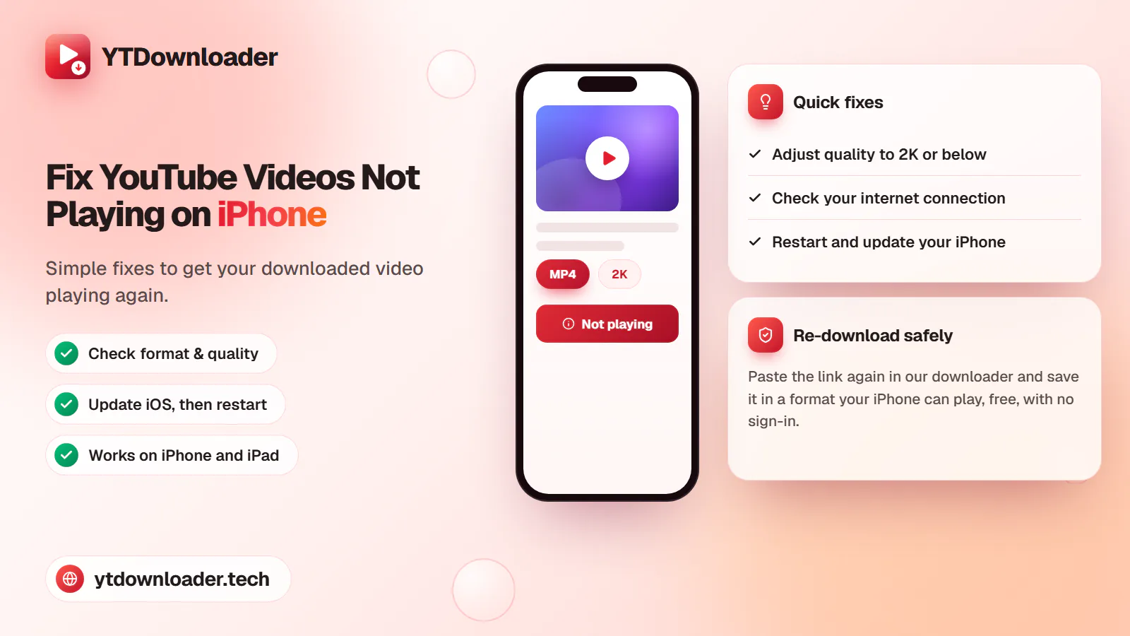 An iPhone showing a paused video next to a checklist of fixes, illustrating the YTDownloader iPhone playback guide