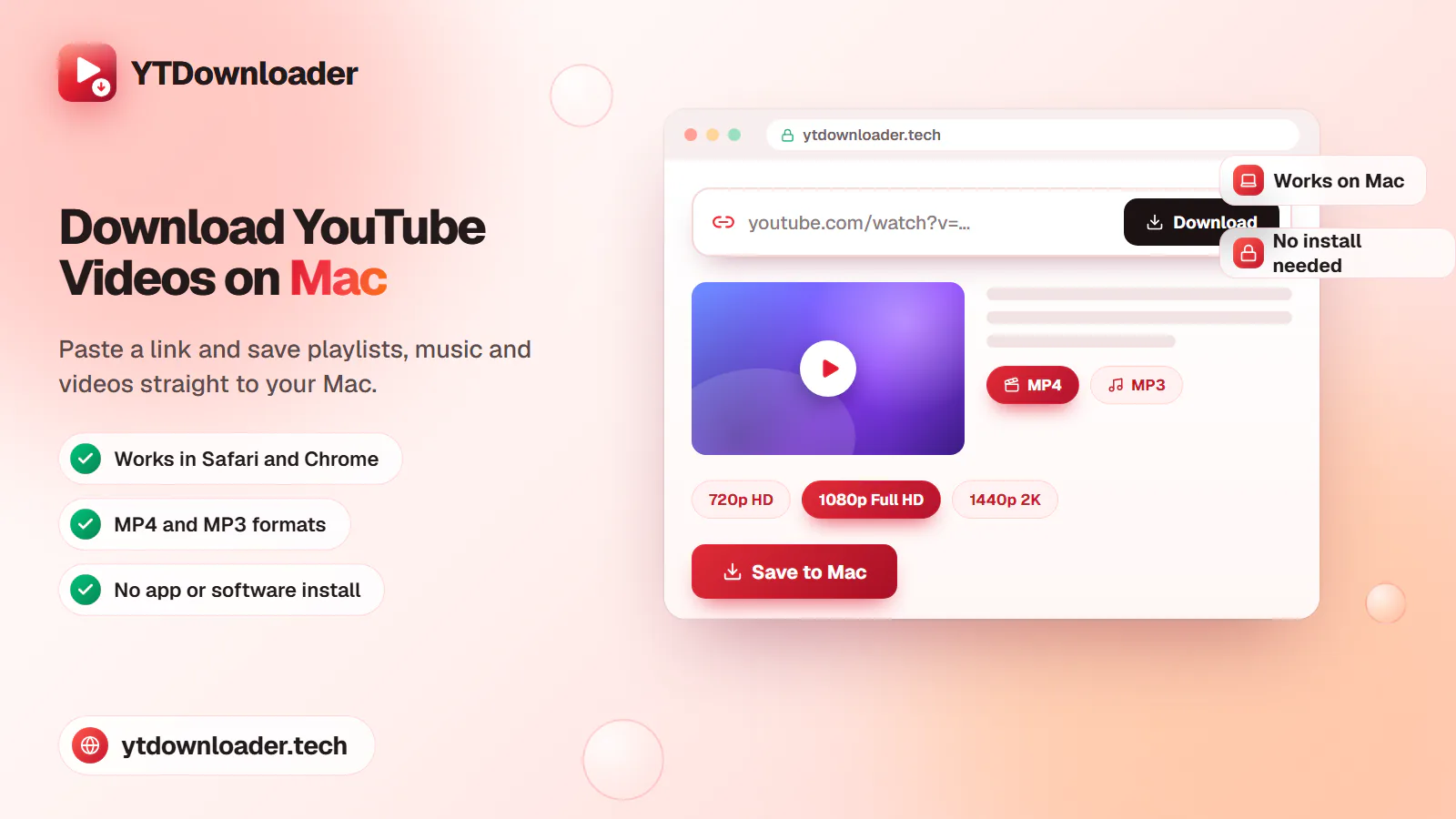 How to download YouTube videos on Mac A browser window on Mac with a YouTube link pasted into a downloader box, illustrating the YTDownloader Mac guide